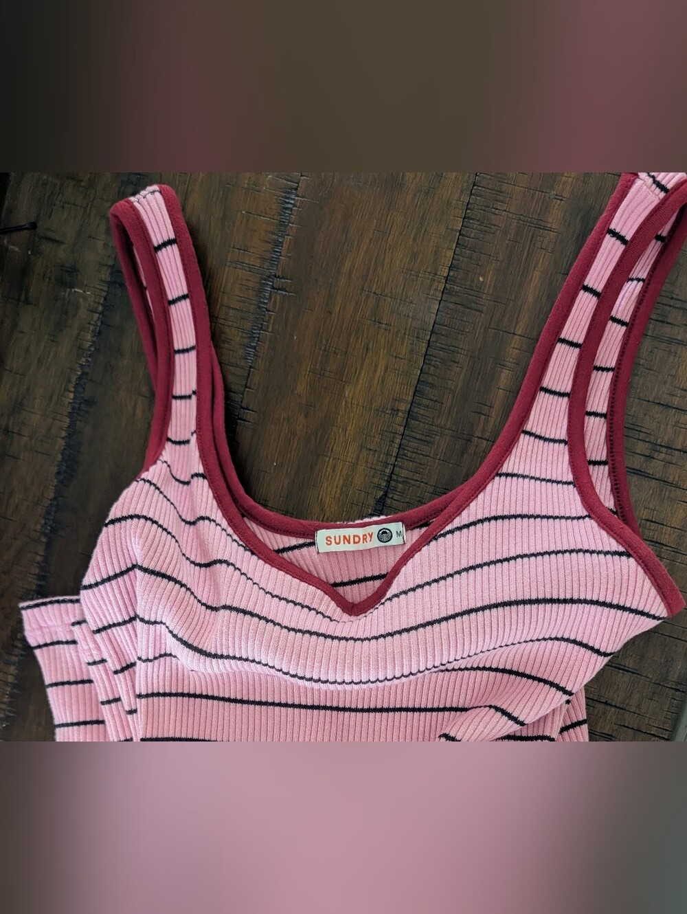 Anthropologie Sundry Pink Striped Ribbed Midi Dress with Burgundy Trim